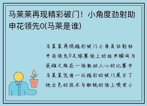马莱莱再现精彩破门！小角度劲射助申花领先0(马莱是谁)