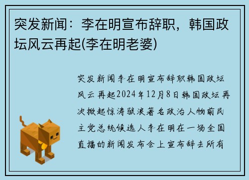 突发新闻：李在明宣布辞职，韩国政坛风云再起(李在明老婆)