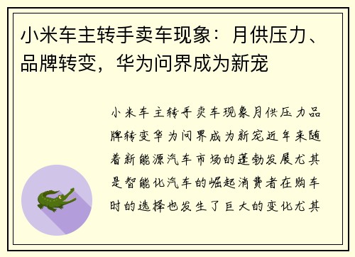 小米车主转手卖车现象：月供压力、品牌转变，华为问界成为新宠